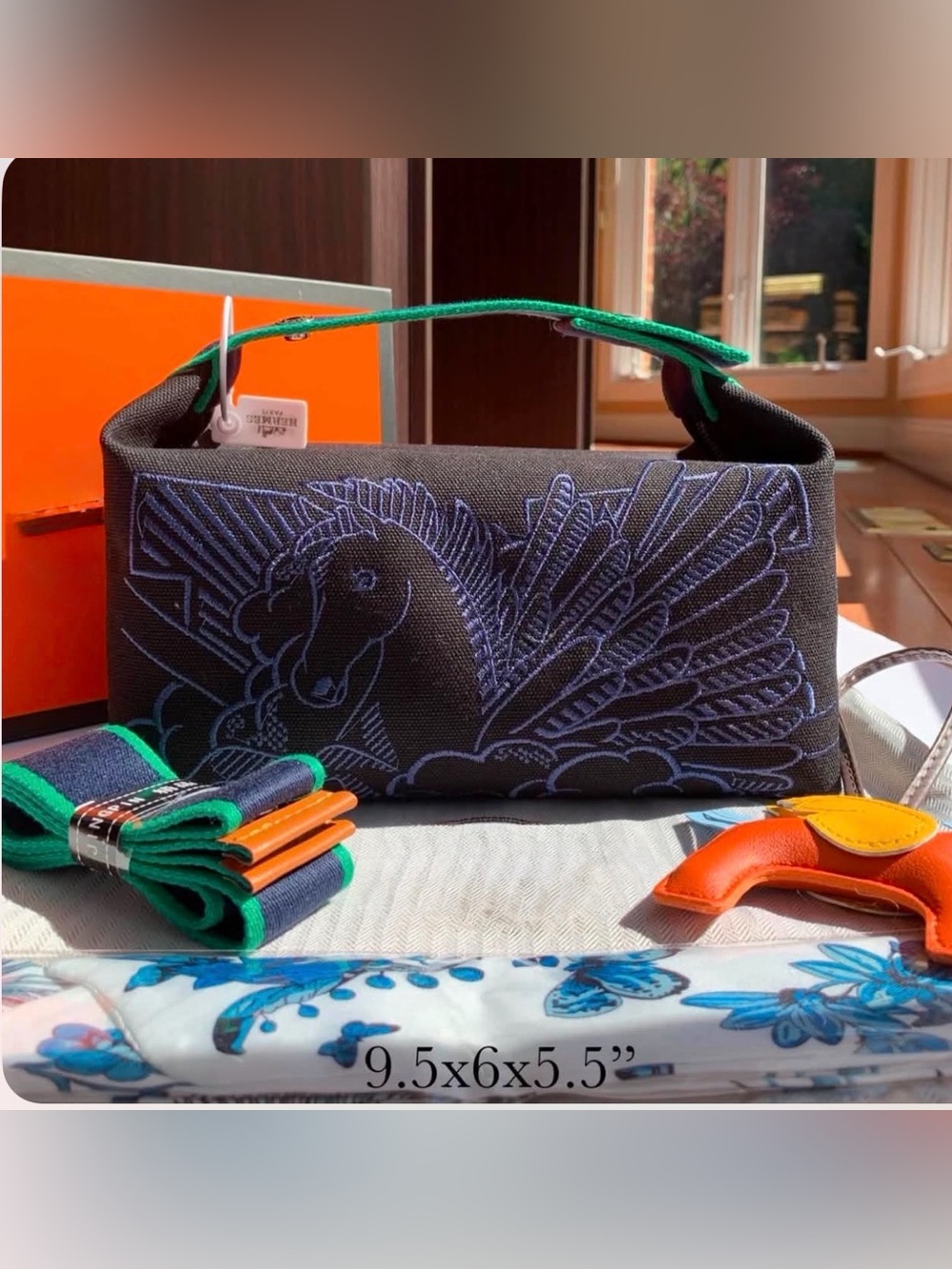 Black Cosmetic Bag /Crossbody Bag with Blue Embroidered Pegasus and Green Trim